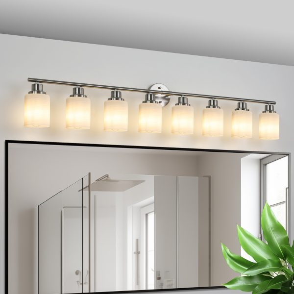 1-11.jpg 52" Modern 8-Light Vanity Wall Sconce, Brushed Nickel Finish with Frosted Glass Shades for Bathroom or Hallway Lighting (No Bulbs)