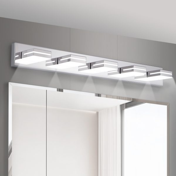 Modern Chrome LED Vanity Light, 5-Lights Wall Sconce for Bathroom and Mirror, Sleek Minimalist Design, Energy-Efficient, Easy to Install
