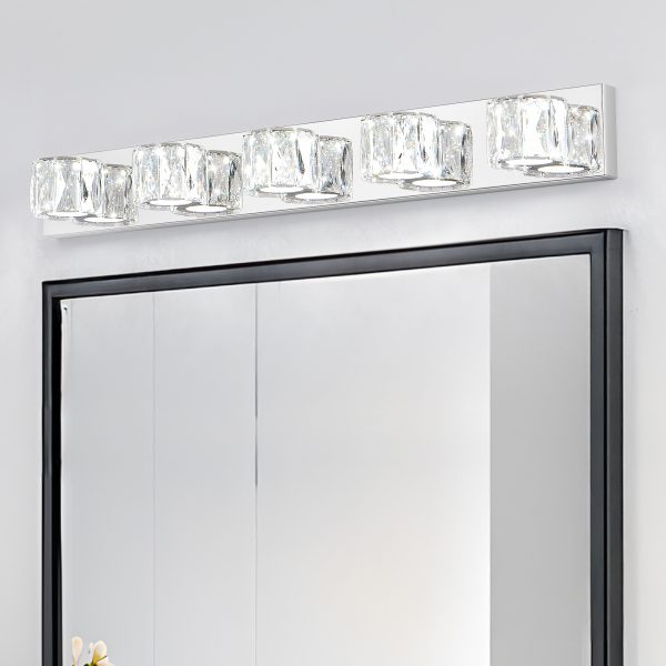 Modern Crystal 5-Light LED Wall Sconce C Elegant Chrome Bathroom Vanity Light with Clear Crystal Shades for Bathroom, Bedroom, or Hallway