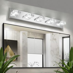 1-121.jpg 31" Modern Chrome 5-Light LED Vanity Light, Square Acrylic Lampshades Wall Mount Fixture for Bathroom, Mirror Lighting