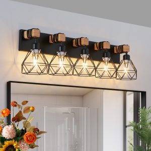 1-126.jpg 31" Modern Geometric 5-Light Vanity Light Fixture with Black Metal, Wooden Accents and Cage Lampshade for Bathroom, Bedroom, or Living Room (Bulb Not Included)