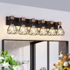 38" Modern Geometric 6-Light Vanity Light Fixture with Black Metal, Wooden Accents and Cage Lampshade for Bathroom, Bedroom, or Living Room (Bulb Not Included)