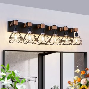 1-127.jpg 38" Modern Geometric 6-Light Vanity Light Fixture with Black Metal, Wooden Accents and Cage Lampshade for Bathroom, Bedroom, or Living Room (Bulb Not Included)