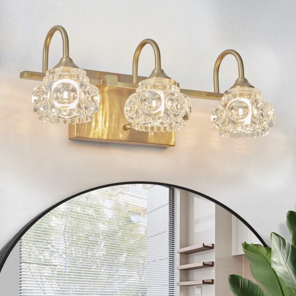 17" Modern Crystal Bathroom Vanity Light, 3-Light Golden Wall Sconce with Clear Glass Shade, Elegant Wall Mount Lighting for Bathroom, Powder Room, or Vanity Mirror (No Bulbs)