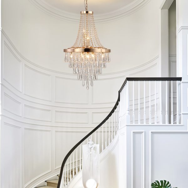 20" Modern Crystal Pendant Chandelier with Golden Finish C Elegant 11-Light Hanging Light Fixture Tiered Design for Dining Room, Living Room, or Entryway (No Bulbs)