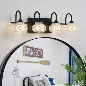 23" Retro 4-Light Bathroom Vanity Light Fixture - Black Finish with Crystal Glass Shades, Wall Mounted Lighting for Bathroom, Powder Room, and Vanity Mirror (No Bulbs)