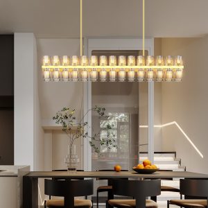 Crystal Brass Rectangle Chandeliers for Dining Room, 54in Gold Farmhouse Chandeliers for Dining Room, Modern Rectangle Crystal Chandelier for Kitchen Island Living Room, Includes 60XG4 Bulbs