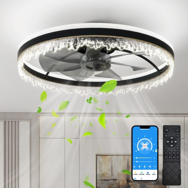 Modern LED Ceiling Fan with Light C 24'' Dimmable Ceiling Light with Invisible Blades and Crystal Design, Remote Control & Adjustable Color Temperature, Quiet Fan for Bedroom, Living Room