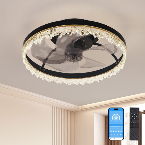 Smart Silent Elegant Black Ceiling Fan with Light C 16-inch Flush Mount LED Chandelier with 5 Invisible Blades, Remote Control & Timer, Dimmable Lighting for Bedroom, Living Room, Dining Room