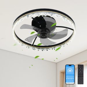 Smart Flush Mount Ceiling Fan with Light C 20-inch Integrated LED Chandelier with 5 Invisible Blades, Remote Control & Timer, Dimmable Lighting, Ultra-Quiet Operation for Bedroom, Living Room