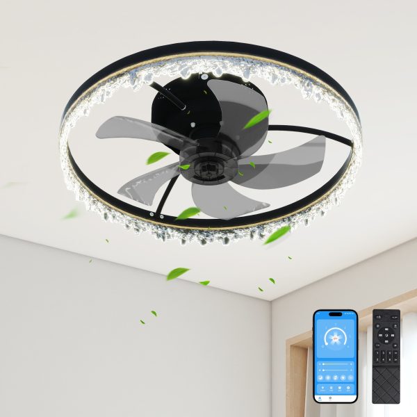 Smart Flush Mount Ceiling Fan with Light C 20-inch Integrated LED Chandelier with 5 Invisible Blades, Remote Control & Timer, Dimmable Lighting, Ultra-Quiet Operation for Bedroom, Living Room
