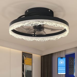 16" Decorative LED Ceiling Fan Light C Modern Flush Mount with Acrylic Ring, Hidden Blades, Remote Control, and Dimmable Light for Stylish Homes (Black)