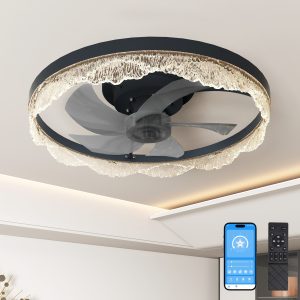 20" Decorative LED Ceiling Fan Light C Modern Flush Mount with Acrylic Ring, Hidden Blades, Remote Control, and Dimmable Light for Stylish Homes (Black)