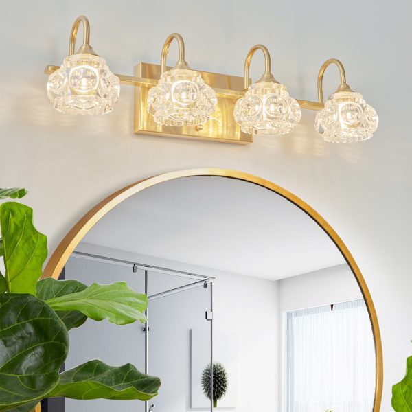 23" Modern Crystal Bathroom Vanity Light, 4-Light Golden Wall Sconce with Clear Glass Shade, Elegant Wall Mount Lighting for Bathroom, Powder Room, or Vanity Mirror (No Bulbs)