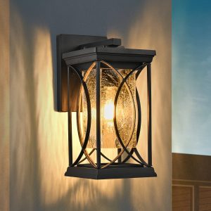 14"(H) 1-pack Black Outdoor Wall Lantern with Crackled Glass, Weather-Resistant Exterior Light Fixture for Porch, Patio, and Entryway, Modern Decorative Wall Sconce with E26 Base (Bulb Not Included)