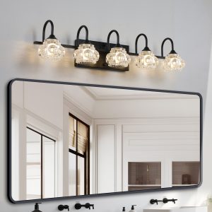 1-19.jpg 29" Retro 5-Light Bathroom Vanity Light Fixture - Black Finish with Crystal Glass Shades, Wall Mounted Lighting for Bathroom, Powder Room, and Vanity Mirror (No Bulbs)