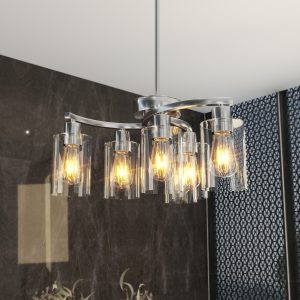 6-Light Brushed Nickel Chandeliers for Dining Room Light Fixtures Over Table, Adjustable Height Hanging Industrial Pendant Lighting for Kitchen Island Bedroom, Clear Glass Shade
