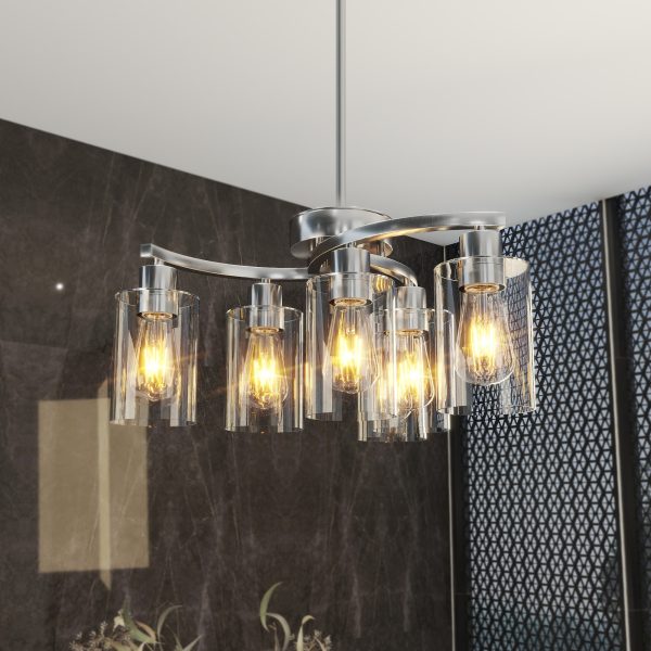6-Light Brushed Nickel Chandeliers for Dining Room Light Fixtures Over Table, Adjustable Height Hanging Industrial Pendant Lighting for Kitchen Island Bedroom, Clear Glass Shade