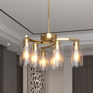 6-Light Gold Chandeliers for Dining Room, Modern Kitchen Island Light Fixtures Over Table, Metal Hanging Pendant Lighting for Living Room Stairwell Entryway Bedroom, Clear Glass Shade