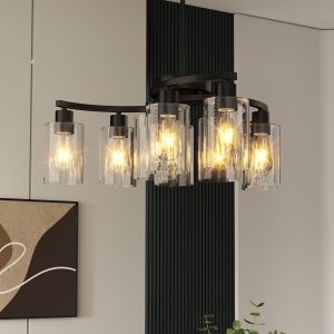 9-Light Black Modern Chandeliers for Dining Room, Adjustable Height Farmhouse Kitchen Island Lighting, Industrial Hanging Light Fixtures for Living Room Bedroom, Clear Glass Shade