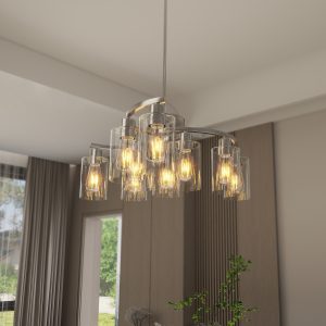 9-Light Brushed Nickel Glass Chandelier, Adjustable Height Hanging Industrial Dining Room Chandelier Over Table, Modern Farmhouse Chandelier for Kitchen Island Living Room Entryway Bedroom