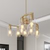 9-Light Gold Glass Chandelier, Adjustable Height Dining Room Light Fixtures Over Table, Contemporary Hanging Chandelier for Kitchen Island Living Room Foyer Office, Clear Glass Shade