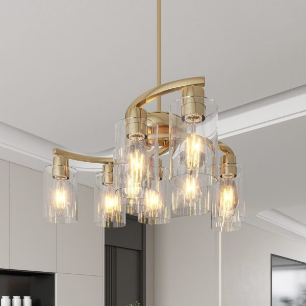 9-Light Gold Glass Chandelier, Adjustable Height Dining Room Light Fixtures Over Table, Contemporary Hanging Chandelier for Kitchen Island Living Room Foyer Office, Clear Glass Shade