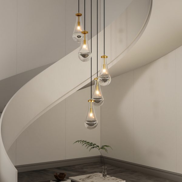 1-196.jpg 5 Light Cluster Pendant Light, Brass High Ceiling Chandeliers Adjustable, Living Room Pendant Light, Foyer Chandeliers, Stairwell Pendant Lights,E12 not Including Bulb