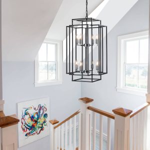 18" Modern 8-Light Geometric Pendant Chandelier, Industrial Metal Frame, Adjustable Hanging Light for Living Room, Dining Room, Kitchen (No Bulbs)
