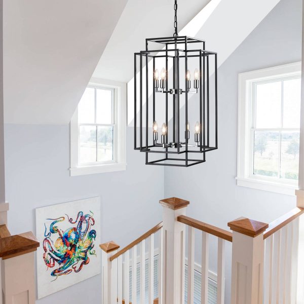 1-2.jpg 18" Modern 8-Light Geometric Pendant Chandelier, Industrial Metal Frame, Adjustable Hanging Light for Living Room, Dining Room, Kitchen (No Bulbs)