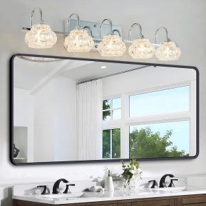 1-20.jpg 29" Nickel Finish Vintage Crystal Vanity Light - Elegant 5-Light Bathroom Mirror Fixture with Clear Glass Shades (No Bulbs)