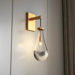 Wall Sconces Set of Two, Brass Modern Raindrop Glass Sconces Wall Lighting, Gold Wall Light Fixtures Indoor Wall Light, Vanity Light Fixture Wall Lamp for Living Room, Bathroom