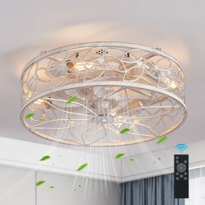 18-inch White Vintage Caged Ceiling Fan Light C Quiet Operation, Remote Control, Industrial Style for Living Room, Bedroom, and Kitchen (Silent/6-Speed/Reversible/DC Motor) (Bulb Not Included)