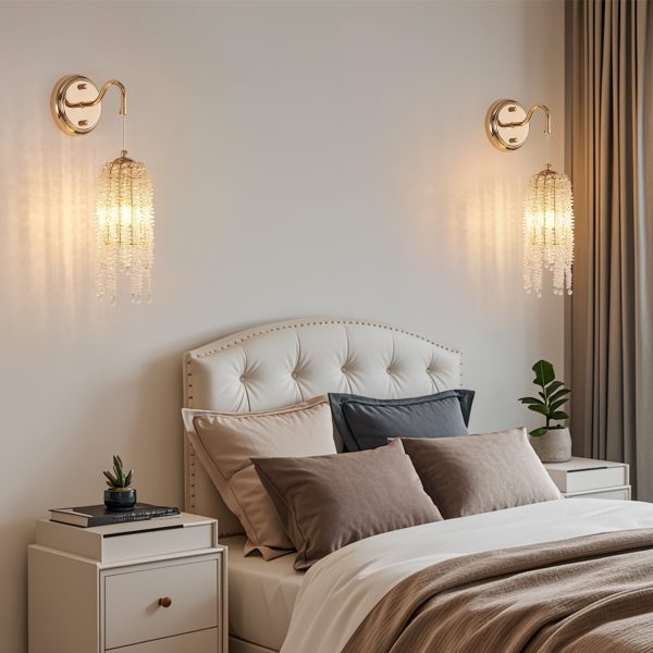 Set of 2 Gold Frame and Cascading Crystal Bead String Wall Sconces, E12 Bulb Socket, Elegant Hanging Light Fixture for Living Room, Bedroom, Hallway (Bulb Not Included)