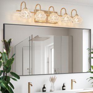 1-21.jpg 29" Modern Crystal Bathroom Vanity Light, 5-Light Golden Wall Sconce with Clear Glass Shade, Elegant Wall Mount Lighting for Bathroom, Powder Room, or Vanity Mirror (No Bulbs)