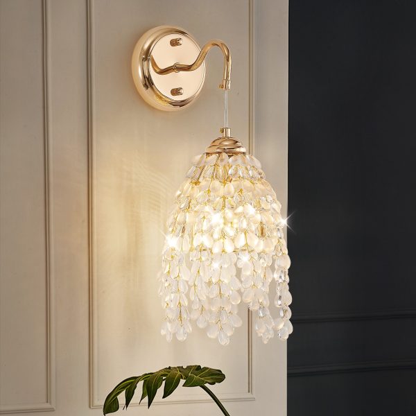 Set of 2 Gold Frame and Crystal Grape-Shaped Bead String Wall Sconces , E12 Bulb Socket, Elegant Hanging Light Fixture for Living Room, Bedroom, Hallway (Bulb Not Included)