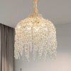 16 Inch 5-Light Crystal Pendant Light ChandelierC Elegant Waterfall Design with Grape-Shaped Crystal Bead Strings and Gold Finish for Living Room, Bedroom, or Dining Area (Bulb Not Included)