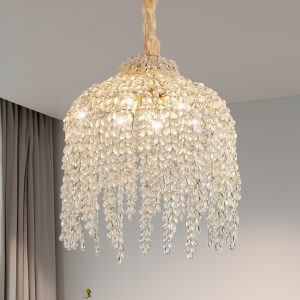 16 Inch 5-Light Crystal Pendant Light ChandelierC Elegant Waterfall Design with Grape-Shaped Crystal Bead Strings and Gold Finish for Living Room, Bedroom, or Dining Area (Bulb Not Included)