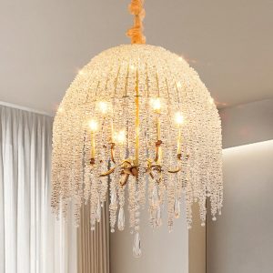 20 Inch 6-Light Crystal Pendant Light ChandelierC Elegant Waterfall Design with Cascading Crystal Bead Strings and Gold Finish for Living Room, Bedroom, or Dining Area (Bulb Not Included)
