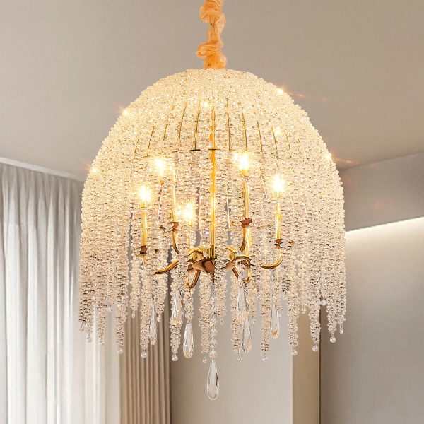 20 Inch 6-Light Crystal Pendant Light ChandelierC Elegant Waterfall Design with Cascading Crystal Bead Strings and Gold Finish for Living Room, Bedroom, or Dining Area (Bulb Not Included)
