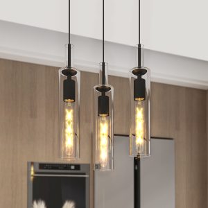 3 Pack Black Pendant Lights Kitchen Island (No Bulbs), Adjustable Modern Glass Pendant Light Over Island, Industrial Pendant Light Fixtures for Dining Room Hallway Bedroom Living Room