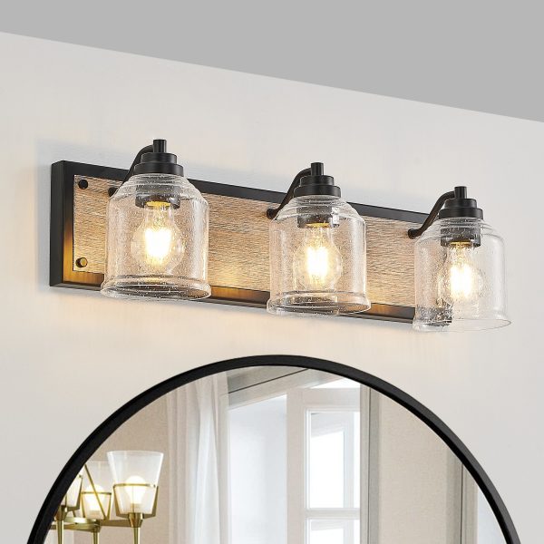 23" Farmhouse Vanity Light Fixture, 3-Light Bathroom Wall Sconce with Clear Seeded Glass Shades, Black and Wood Grain Finish, Modern Industrial Design for Bathroom or Powder Room (No Bulbs)