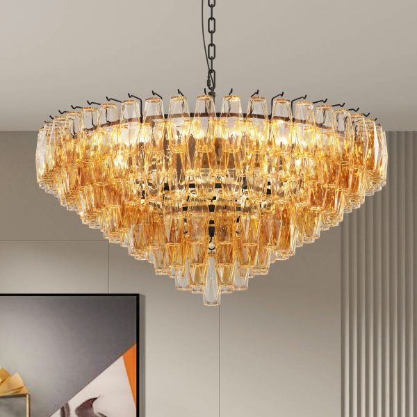 Modern Round Chandelier, 37" Extra Large Black Chandeliers for Dining Room, 14-Light with Tiered Smoke Glass Tubes Ceiling Light, Pendant Lighting Fixture for Living Room Bedroom Kitchen Island