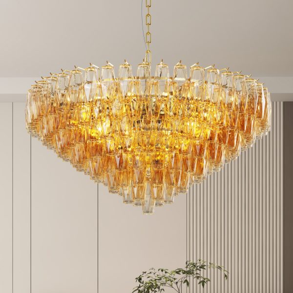 37" Extra Large Chandelier, 14-Light Gold Modern Round Chandelier for Living Room, Tiered Smoke Blown Glass Brass Chandeliers, Hanging Light Fixture for Bedroom, Dining Room, Foyer, Entryway