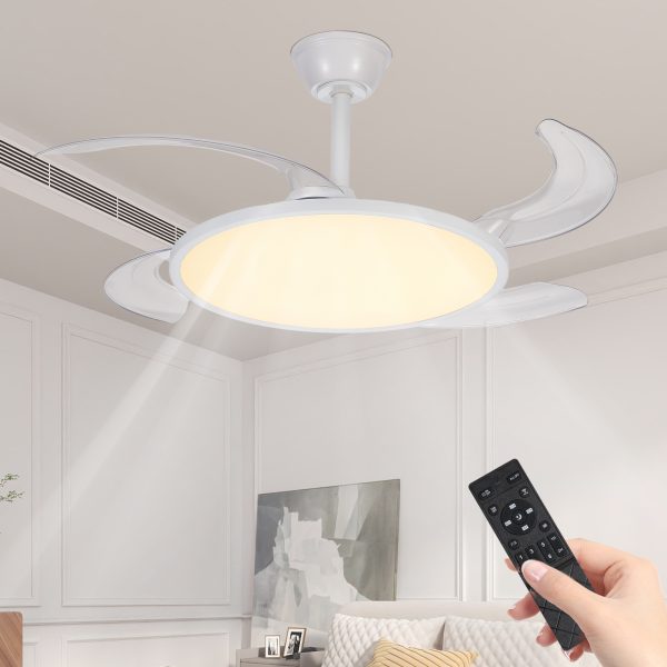 Retractable Ceiling Fans with Lights,42 inch Ceiling Fan with Light and Remote Control,Flush Mount,DC Reversible,3CCT,Low Noise,White Ceiling Fan for Bedroom,Living Room,Kitchen,Indoor Use