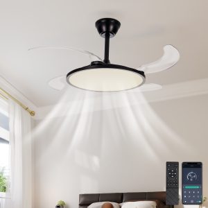 42 Inch Retractable Ceiling Fan,Low Profile Ceiling Fan with Light and Remote,Modern White Fan with Retractable Blades for Dinning Room Living Room Bedroom,Dimmable,Timer Setting