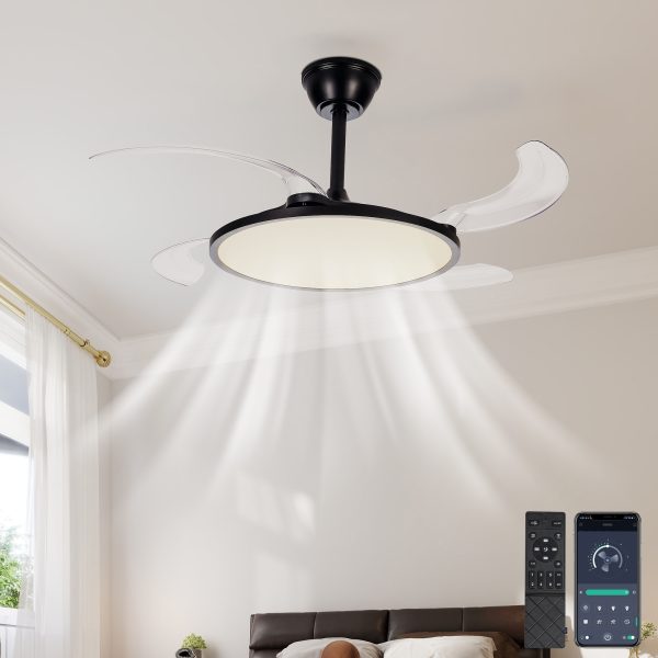 42 Inch Retractable Ceiling Fan,Low Profile Ceiling Fan with Light and Remote,Modern White Fan with Retractable Blades for Dinning Room Living Room Bedroom,Dimmable,Timer Setting