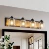 32" Farmhouse Vanity Light Fixture, 4-Light Bathroom Wall Sconce with Clear Seeded Glass Shades, Black and Wood Grain Finish, Modern Industrial Design for Bathroom or Powder Room (No Bulbs)