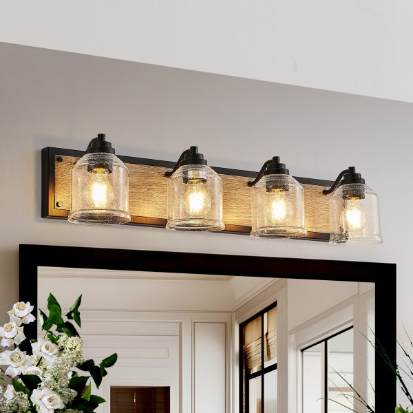 32" Farmhouse Vanity Light Fixture, 4-Light Bathroom Wall Sconce with Clear Seeded Glass Shades, Black and Wood Grain Finish, Modern Industrial Design for Bathroom or Powder Room (No Bulbs)
