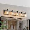 40" Farmhouse Vanity Light Fixture, 5-Light Bathroom Wall Sconce with Clear Seeded Glass Shades, Black and Wood Grain Finish, Modern Industrial Design for Bathroom or Powder Room (No Bulbs)